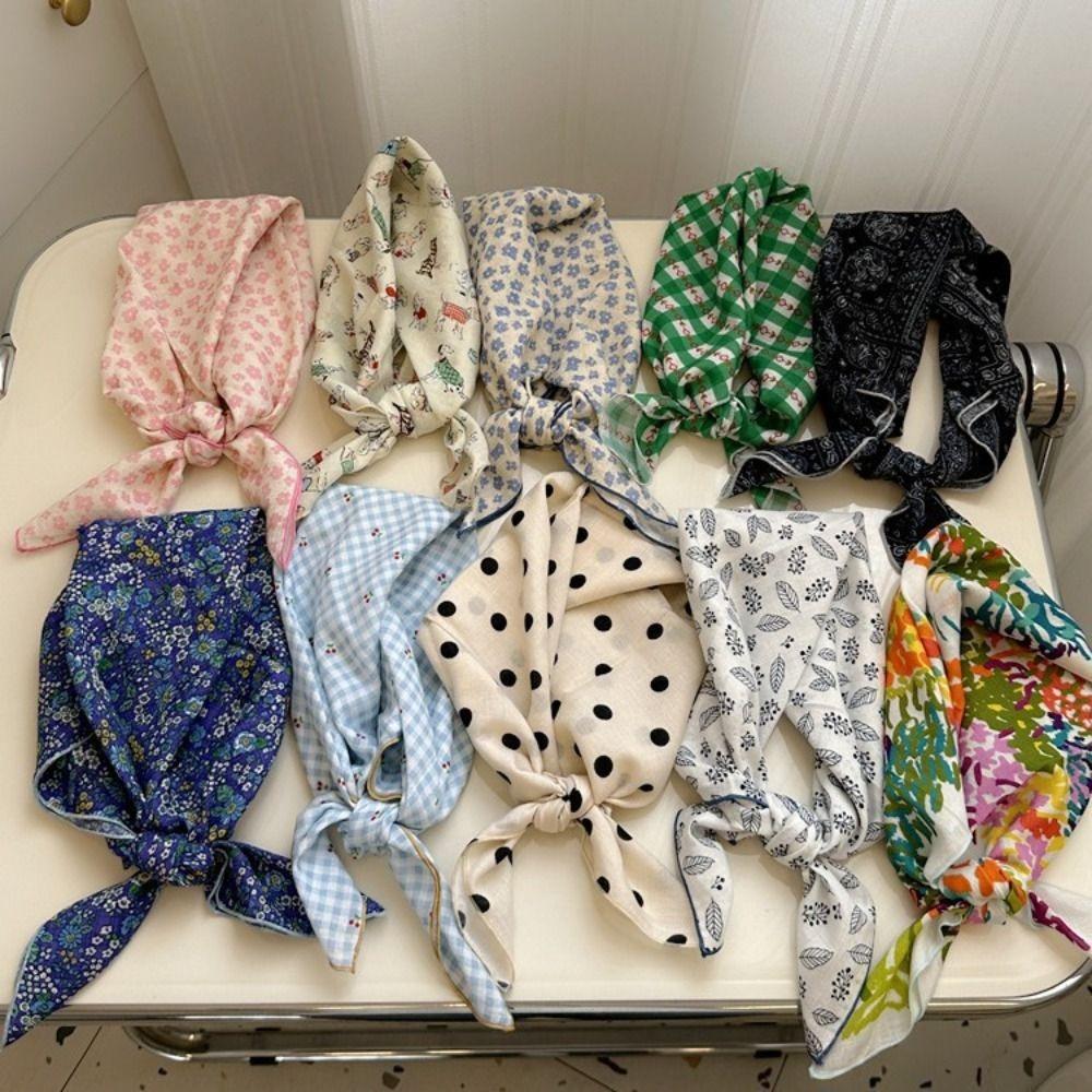 Simple Cashew Small Square Scarf Flower Cherry Cotton Linen Print Scarves Floral Headband Square Handkerchief Scarf Accessories