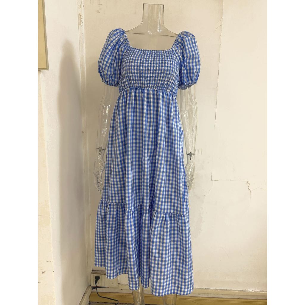 Plus Size  Summer Country Style Gingham V-Neck Puff Sleeve High Waist Tiered Cake Dress Casual Summer Dress