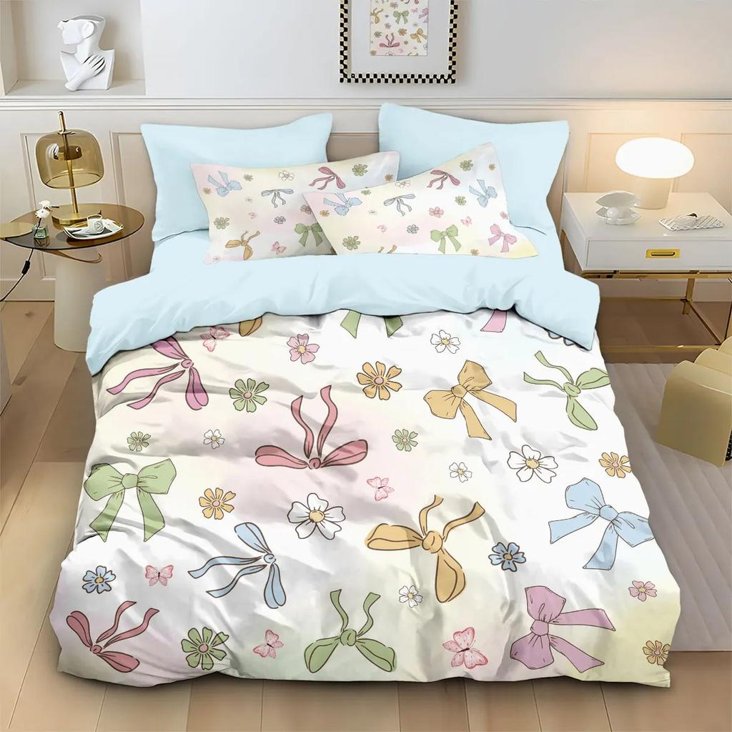 Cute Pink Bow Series Bedding Set 3piece Duvet Cover Pillowcases Kids Adults Single Twin Queen King Size Bedroom Decor