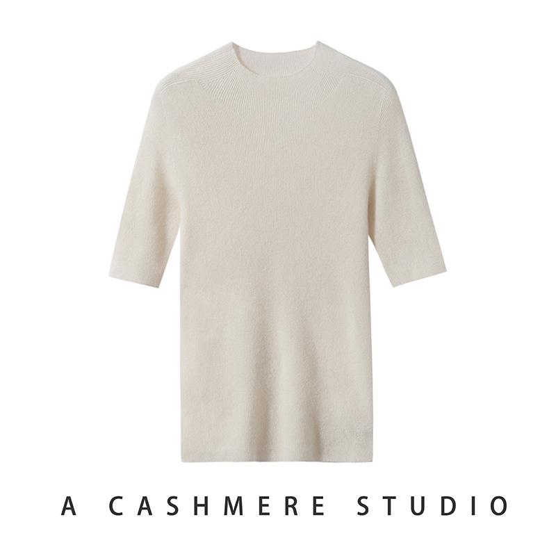 Autumn/Winter Seamless Short-Sleeve Cashmere Knit Sweater with Half-High Collar