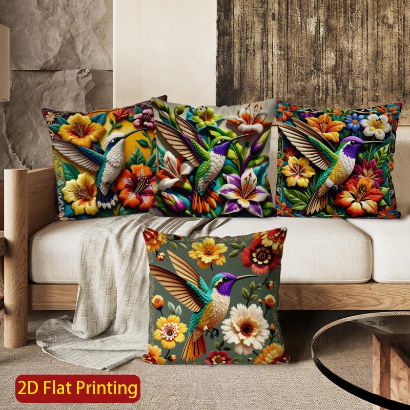 2D Vintage Hummingbird Floral Throw Pillow Covers Pattern Cushion Cover Suitable For Sofa Bedroom Car Pillow Cover