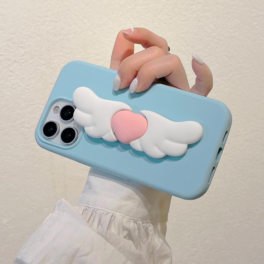 Kawaii 3D Angel Wings Soft Silicone Case With Stand Holder Cover for iPhone 16 15 14 Plus 13 12 Pro Max Phone Cases Capa