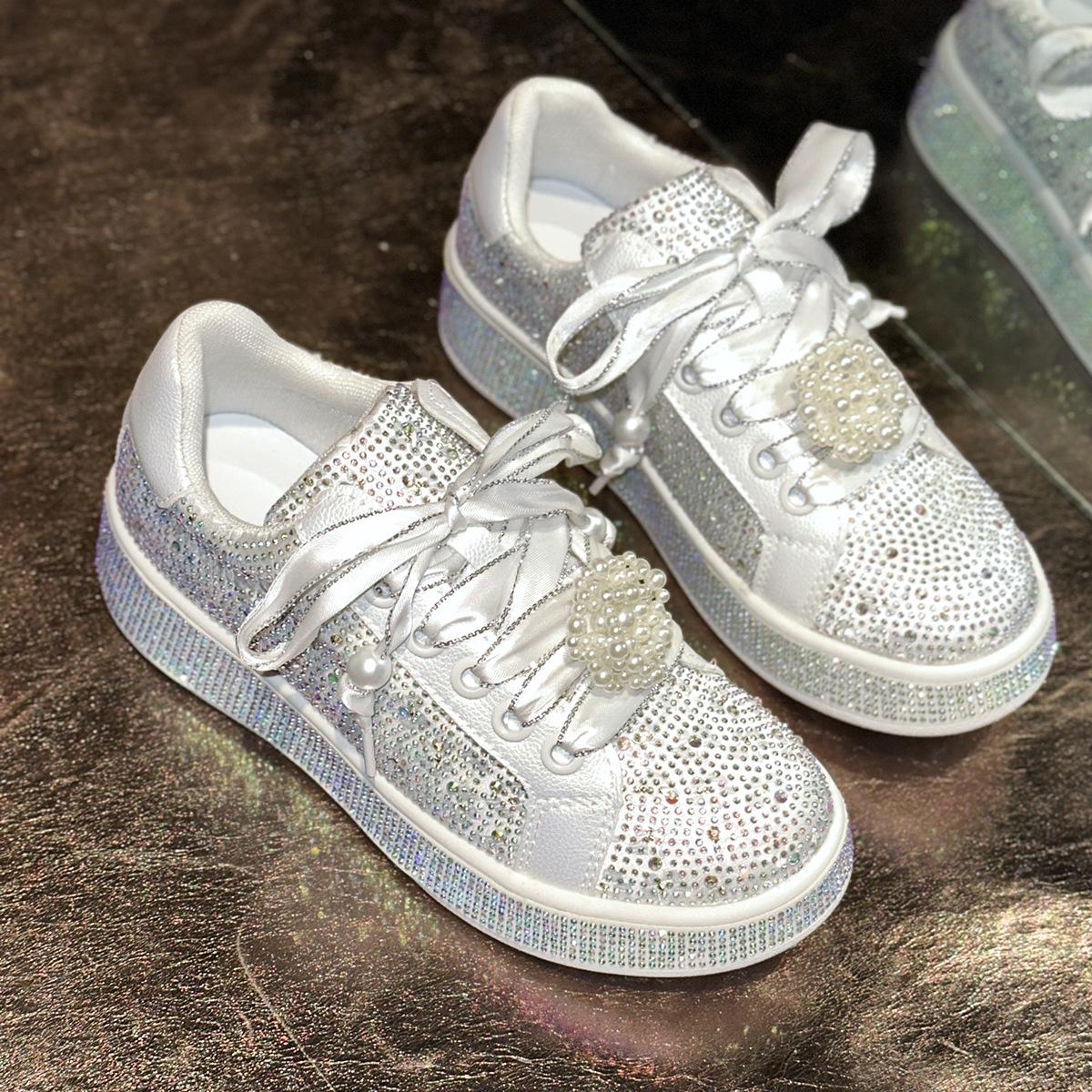 

European Station Full Of Diamond Thick Baseplate Shoes Women S Spring And Autumn Color Matching Rhinestone Casual Sports Shoes Women 35 белый