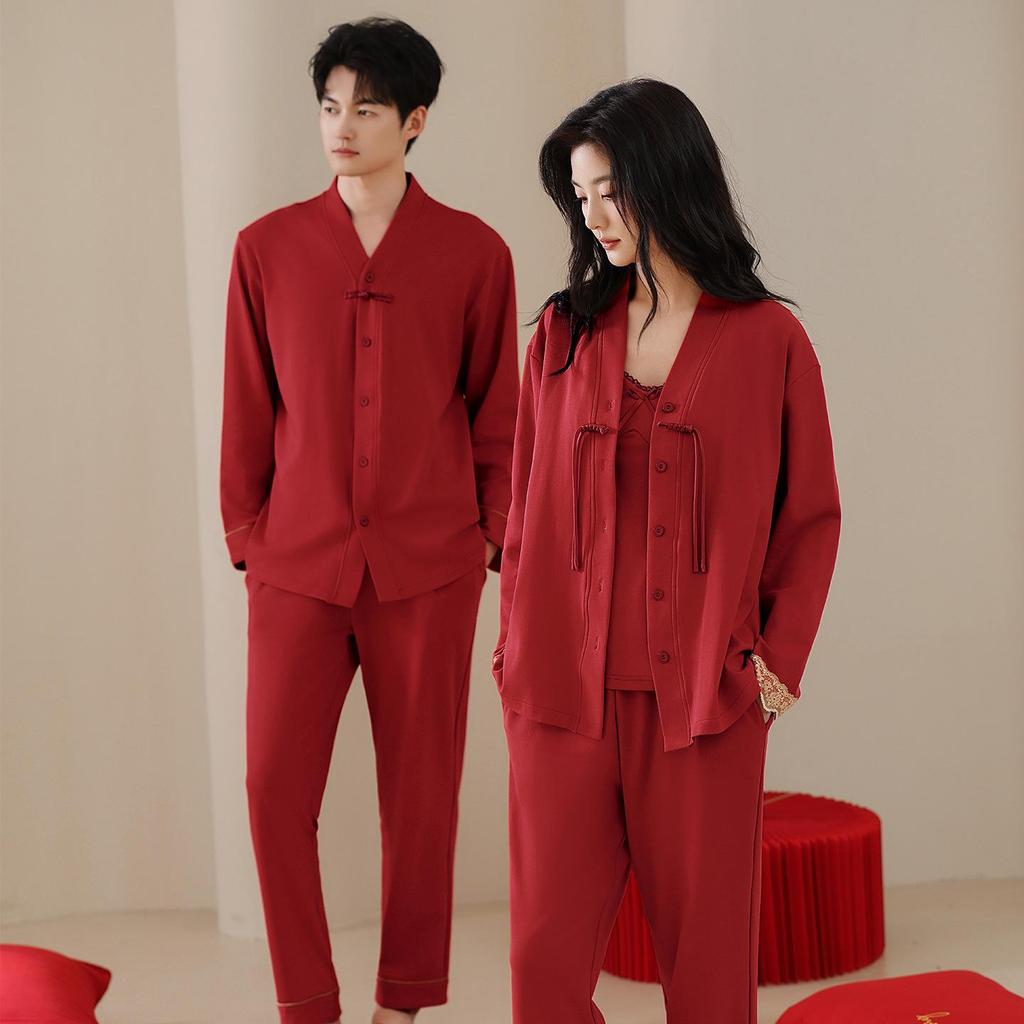 Three-Piece Red Wedding Pajama Set: Pure Cotton, Chest Pads, Zodiac Theme, for Couples, Spring/Autumn Home Wear