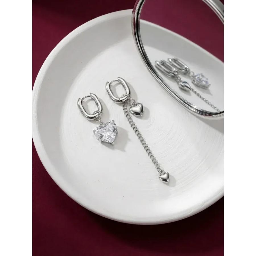 

Fashion Tassel Zircon Heart Asymmetric Long Earrings