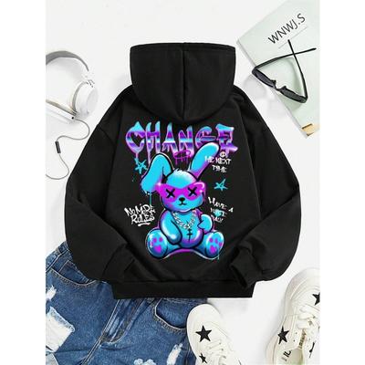 Modaya Uygun Tavşan Çizgi Film Baskılı Sweatshirt Kadın Modası Her Şeye Uyum Sokak Kapüşonlusu Bisiklet Yaka Günlük Kapüşonlular Kazak Oversize Giyim