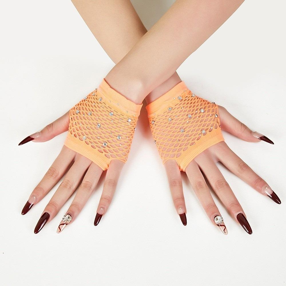 Fishnet Design Rhinestone Gloves Shiny Decor Short Gloves New Fingerless Gloves Dance Performance
