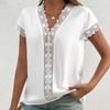 Women Short Sleeve Blouse V Neck Lace Trim Hollow Out Summer Casual Solid Color Top