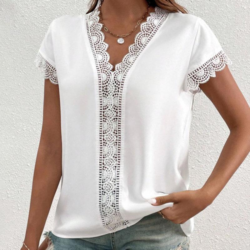 Women Short Sleeve Blouse V Neck Lace Trim Hollow Out Summer Casual Solid Color Top