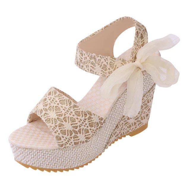 Slope Heel Lace Bow Sandals Cute Sandals Women's Singles Shoes Women's Shoes Spring and Summer New Fish Mouth Beach
