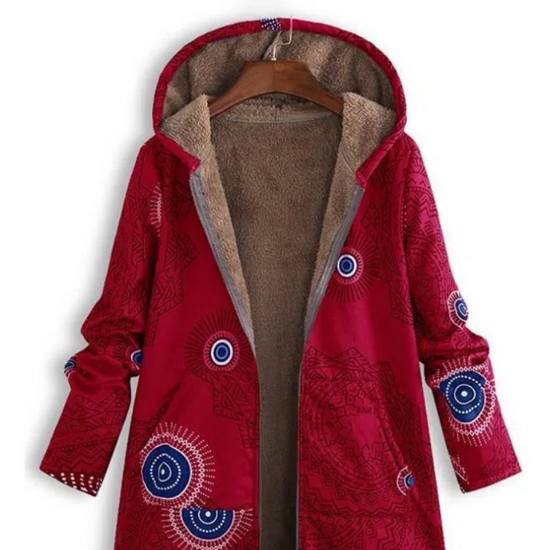 

New Autumn Winter Women s Vintage Cotton Linen Coat, Thickened Zip-Up Hooded Jacket with Pockets and Floral Print 3XL