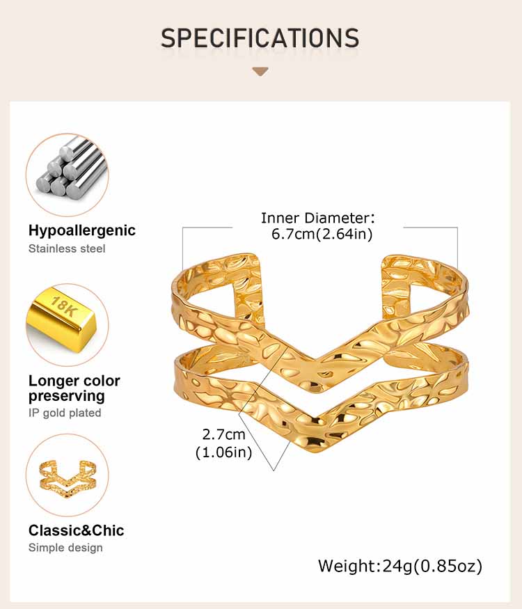 Stylish Wave Cuff Bangle for Women, Chunky Stainless Steel Gold Plated Bangle Bracelets Adjustable Accessories