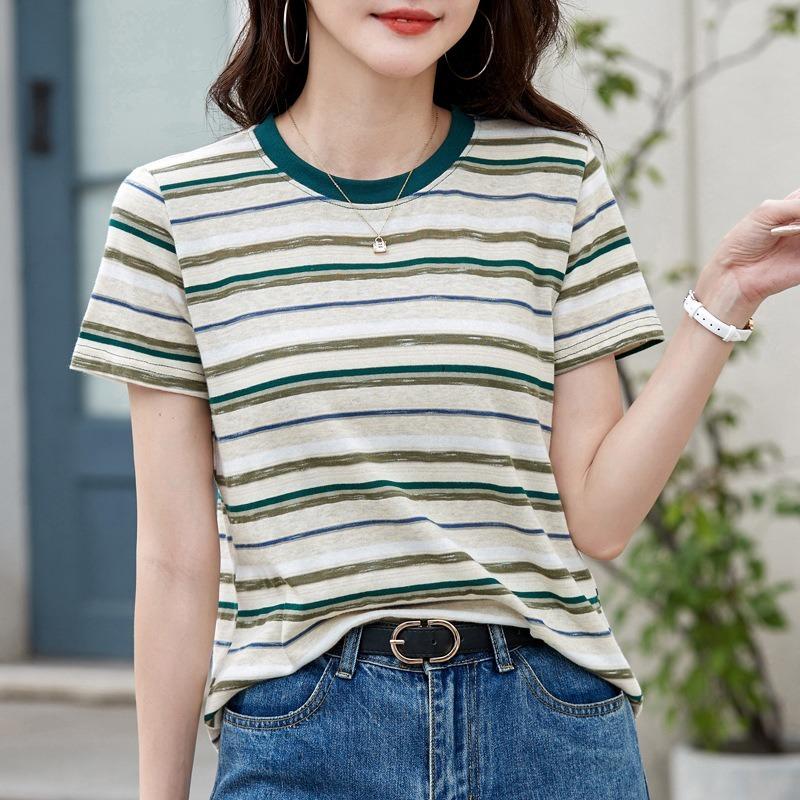 Women Multicolor Horizontal Stripe Crew Neck Short Sleeve Casual T Shirt
