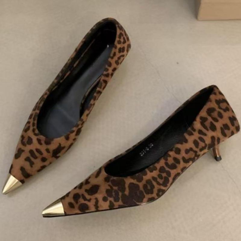 French Pointed Toe Leopard Pattern Temperament Shallow Mouth Single Shoes Women's Spring and Autumn New Suede Stiletto Shoes