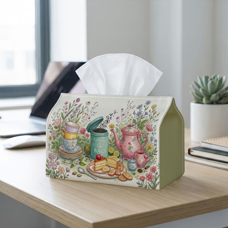 2D Flat 1pc Modern Cottagecore Tea Party Art Artistic Tissue Box, - Teacups Cake And Florals Print Fabric for Kitchen, Living Room, Bedroom| Compact A