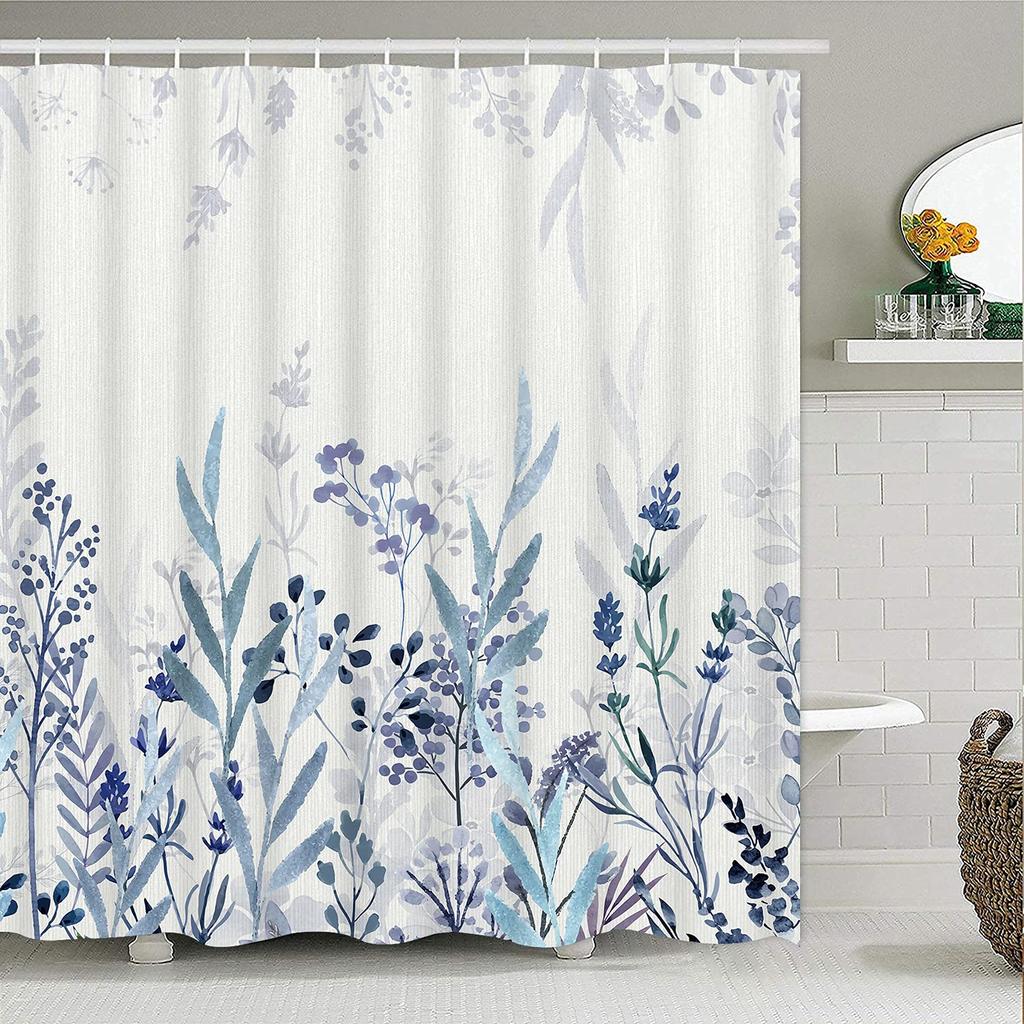Blue Floral Shower Curtain Watercolor Flower Bath Curtain Polyester Fabric Waterproof Bathroom Curtains with Hooks Bath Screen
