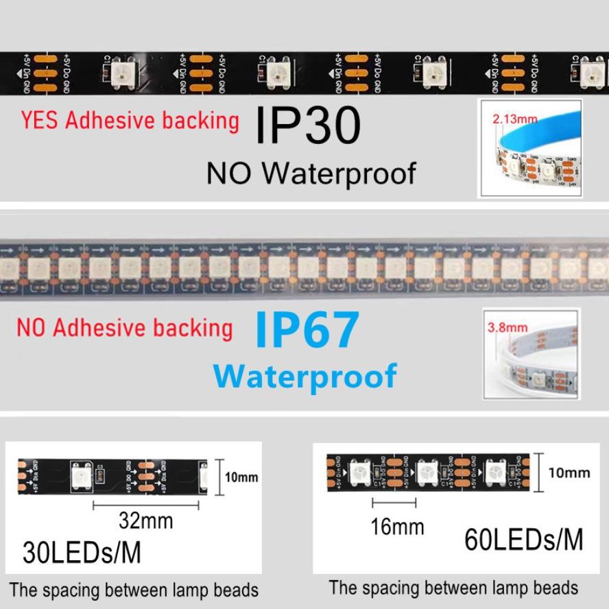5m RGB Colored Light WS2812B 5050 RGBIC 5V Smart Waterproof LED Strip Individually Addressable IC 30/60/144Pixels/Leds/m Light