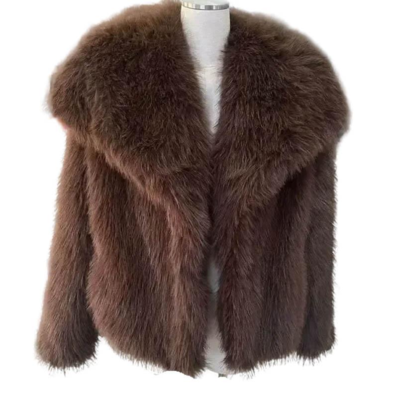 Women Fashion Cropped Faux Fur Jacket Coat Long Sleeve Front Snap-button Female Outerwear Chic Lapel Collar Thick Coat