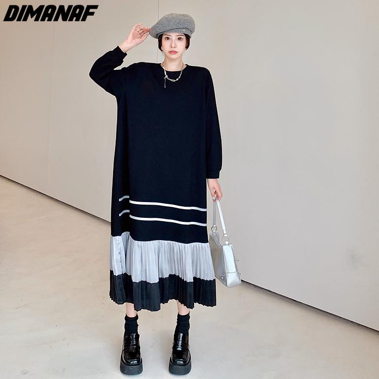 

DIMANAF 2023 Большие размеры женское осенне-зимнее новое свободное платье с длинными рукавами хлопковое вязаное плотное плиссированное платье-рубашка 3XL