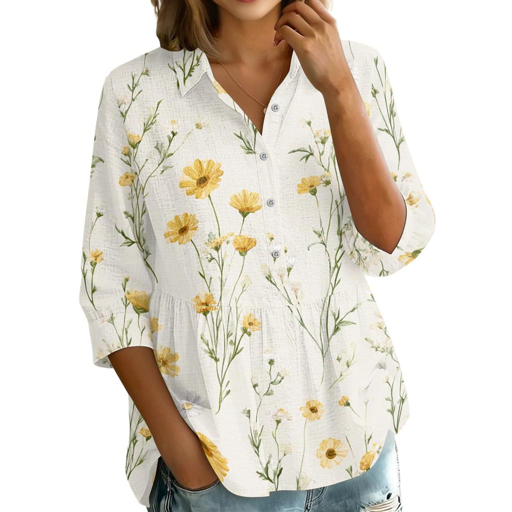 Camisa de Mujer con Botones Delanteros Estampado Floral Manga Tres Cuartos Corte Holgado Blusa con Cuello Top Casual Ligero para Uso Diario