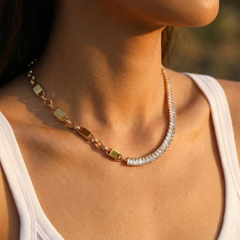 Geometric Zirconia Chain Necklace Stainless Steel Adjustable Length Collarbone Chain For Women Layering Jewelry