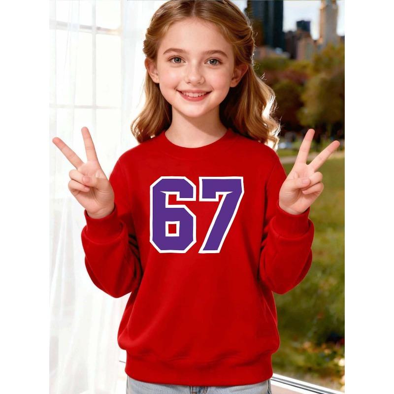 European sizes Kids' Round-Neck Pullover Sweatshirt Features a Striking Purple '67' Print on The Front, for a Visually Appealing Minimalist Design.
