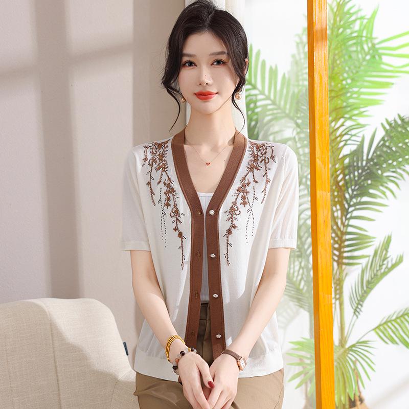 2026 Summer Ice Silk Short Sleeve Knit Cardigan for Middle-Aged and Elderly Women
