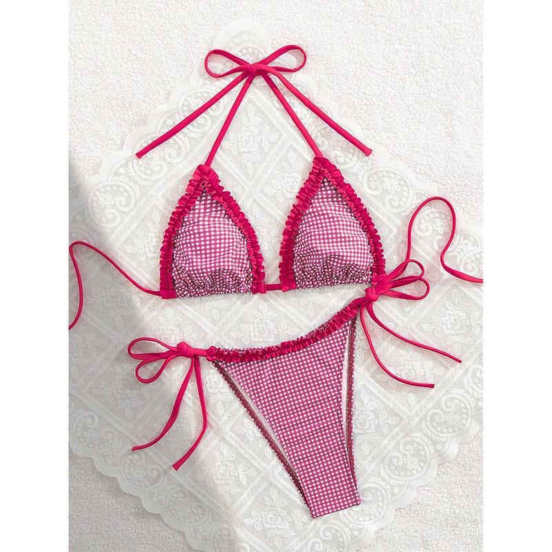 Sexy Pink Plaid Bikini Women Lace Trim Push Up Bra Tie Side Thong Swimsuit Beach Bathing Suit Holiday Swimwear