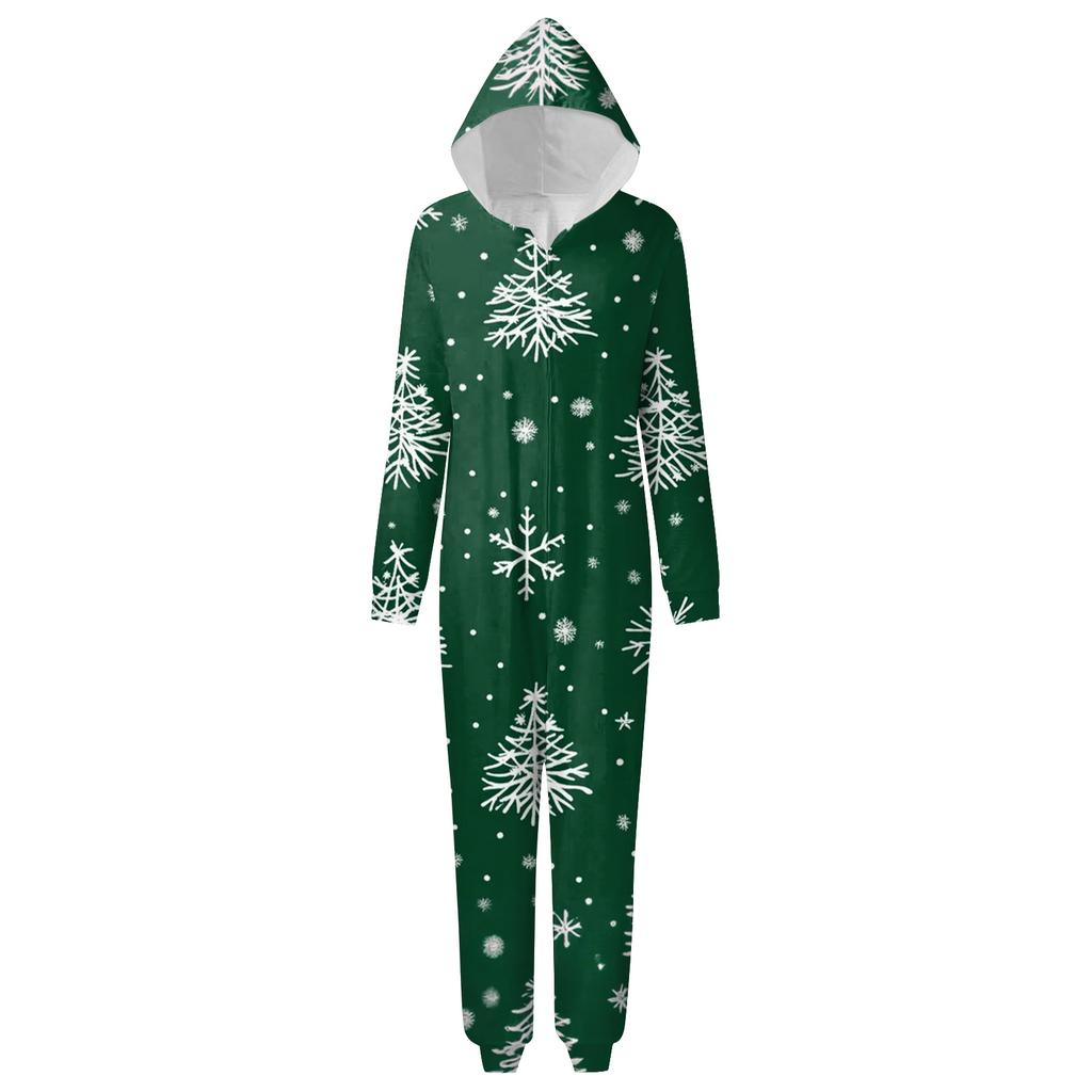Christmas Print Family Matching Hooded Long Sleeved Zippered Jumpsuit Set