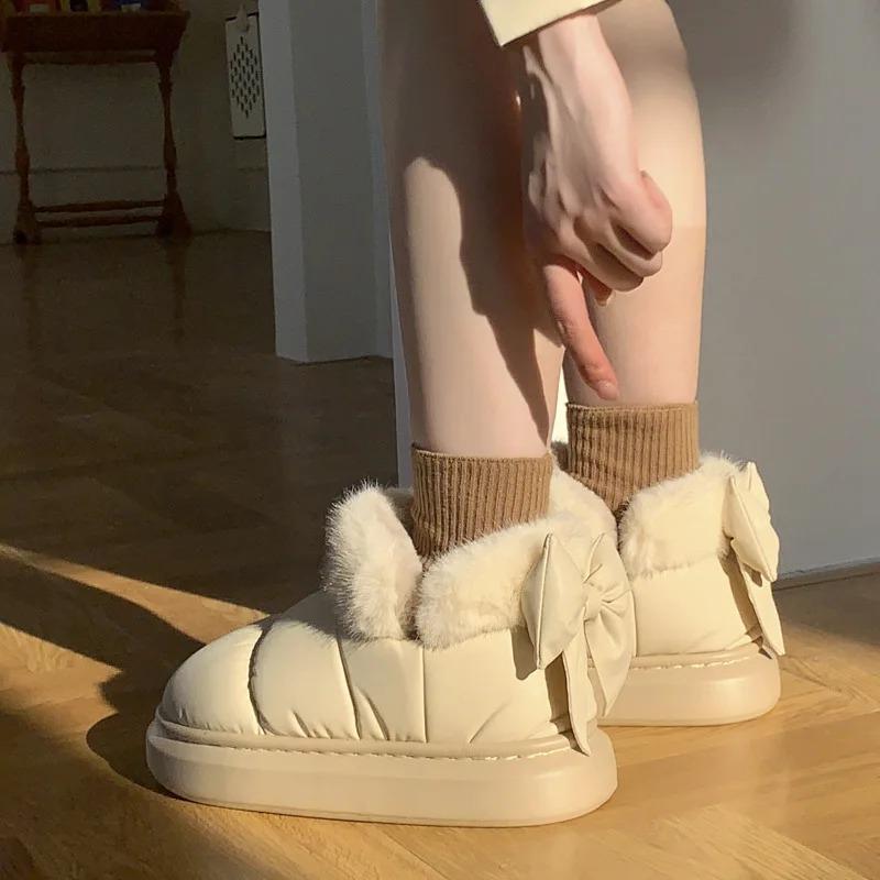 Cute Warm Fluffy Slippers Winter Women's Indoor Soft Plush Bow Cotton Shoes 2024 New  Down Cloth Short Barrel Girls Snow Boots