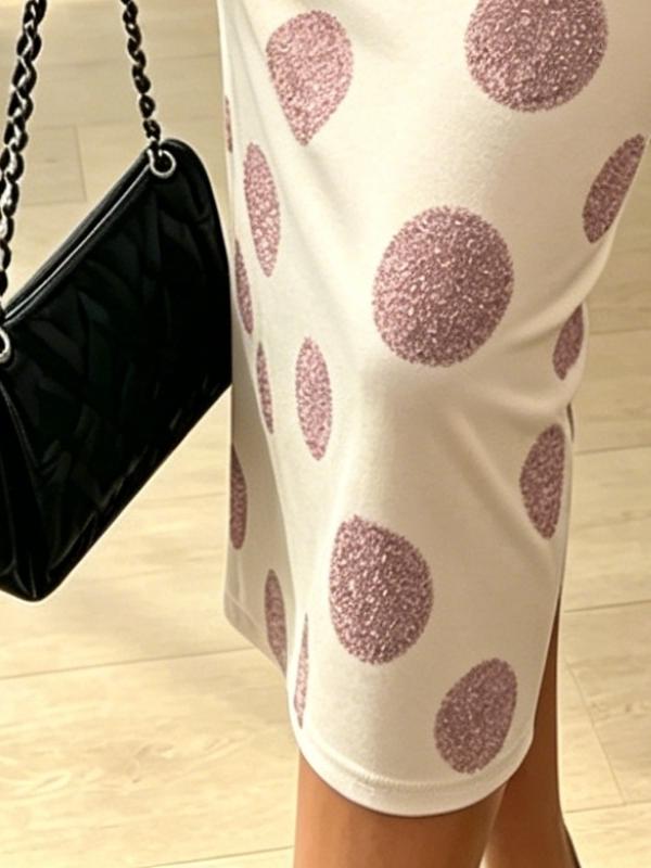 Women Summer Beige Pink Polka Dot Bodycon Midi Dress Cold Shoulder Slim Fit Sexy Cutout Elegant Dress