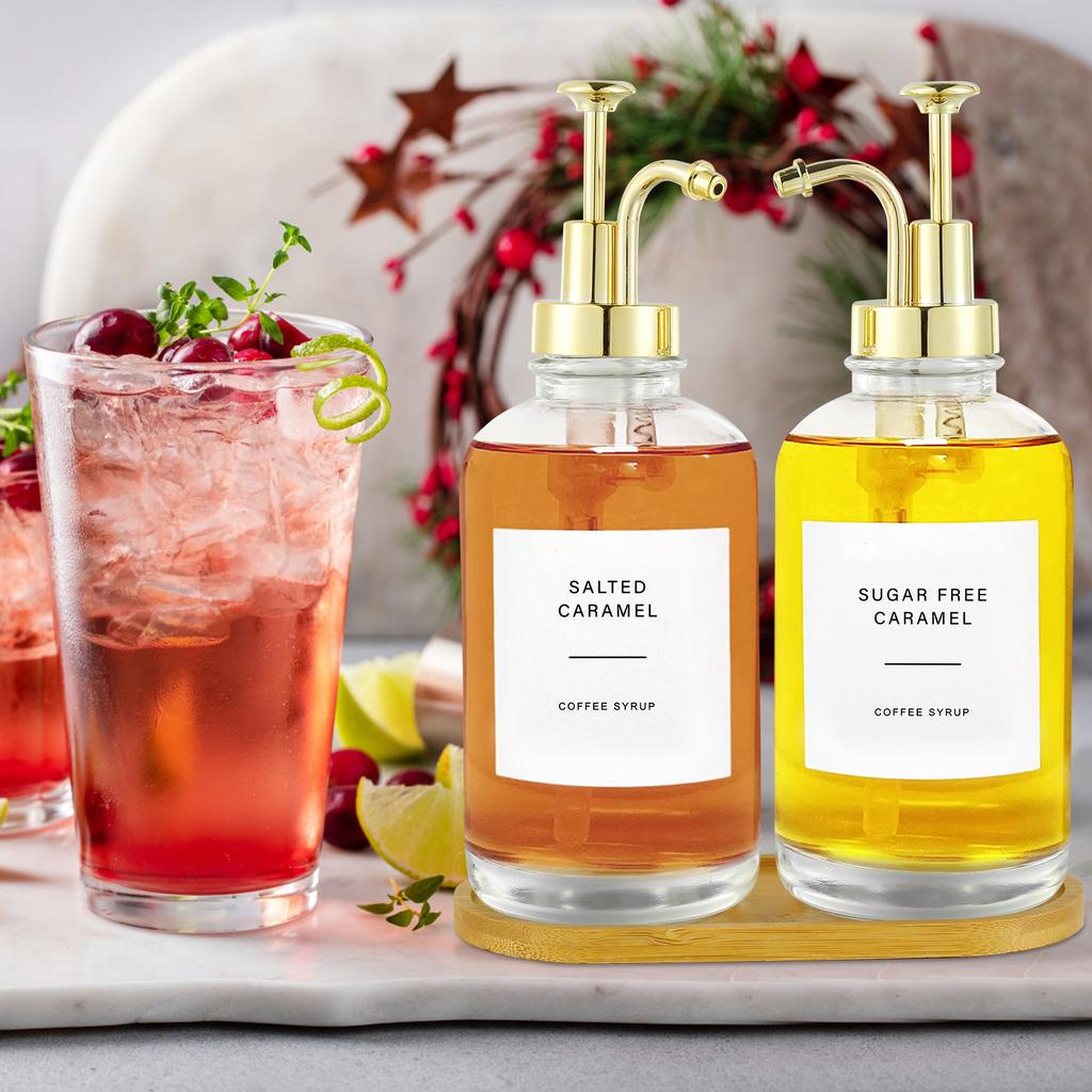 2 Pcs Coffee Syrup Dispenser Set with Bamboo Tray Reusable with Labels Funnel Clear Syrup Pump Dispenser for Coffee Bar Home