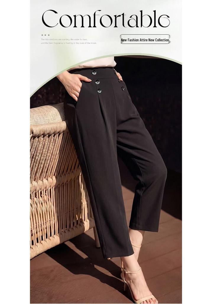 Women's High-Waist Button Straight-Leg Casual Pants