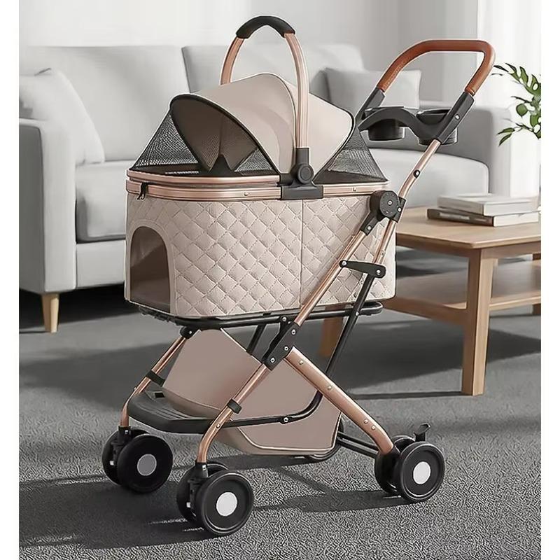 Pet Stroller Detachable Carrier Lightweight 3 Second Foldable Aluminum Alloy Leather Handle for Cats Dogs Outdoor Travel