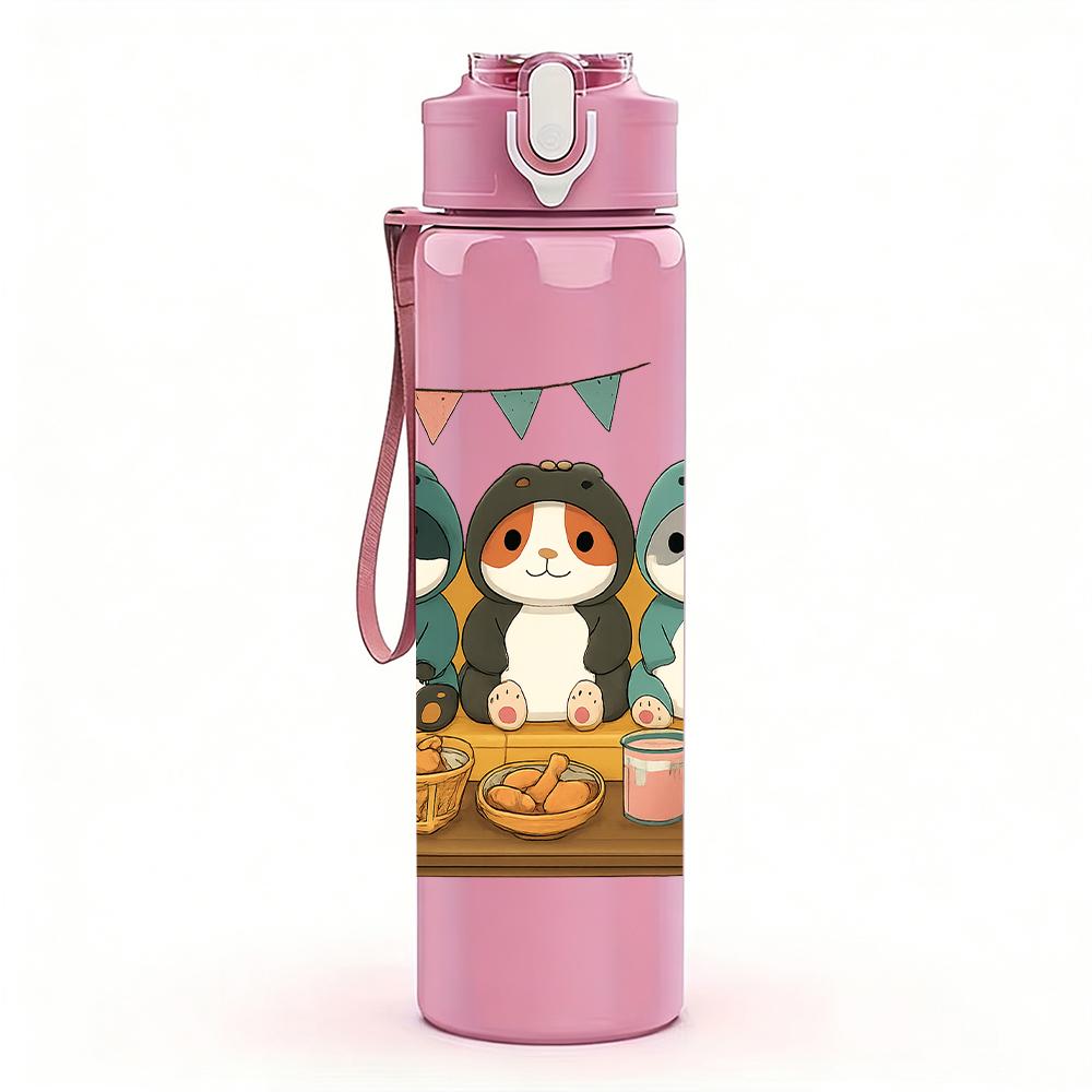 1PC Three Relaxed Cartoon Cats 750ml Color Plastic Sports Water Bottle Leakproof Flip Straw Lid For Sports Office Home Use