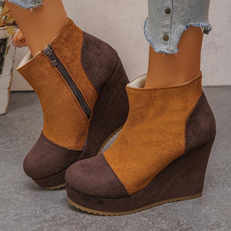 Plus‑Size Round Toe Thick Platform Wedge High Heel Women Ankle Boots