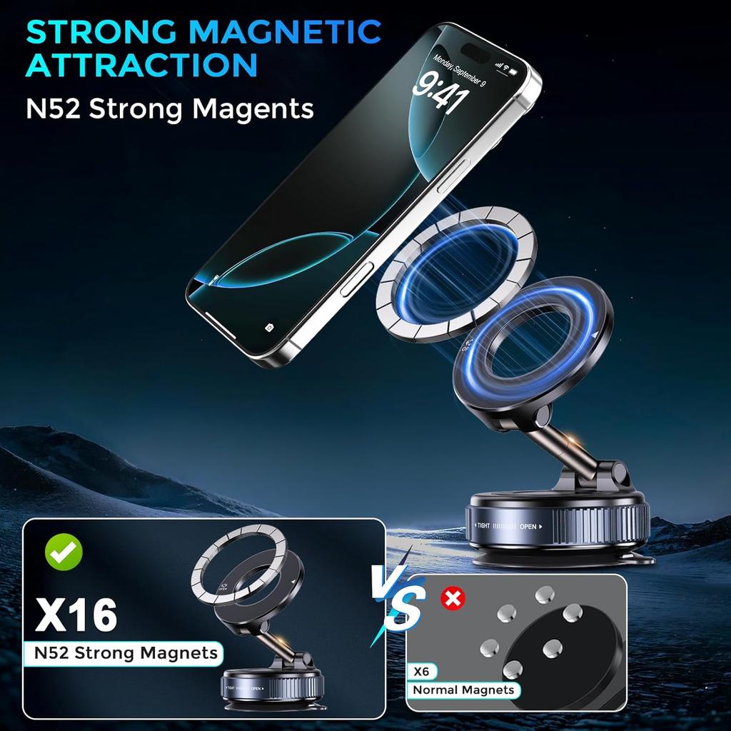 2025 Upgrade Strong Magnetic Car Phone Holder Foldable Design 360° Adjustable Vacuum Mount for Car/Desk/Bathroom/Universal Use