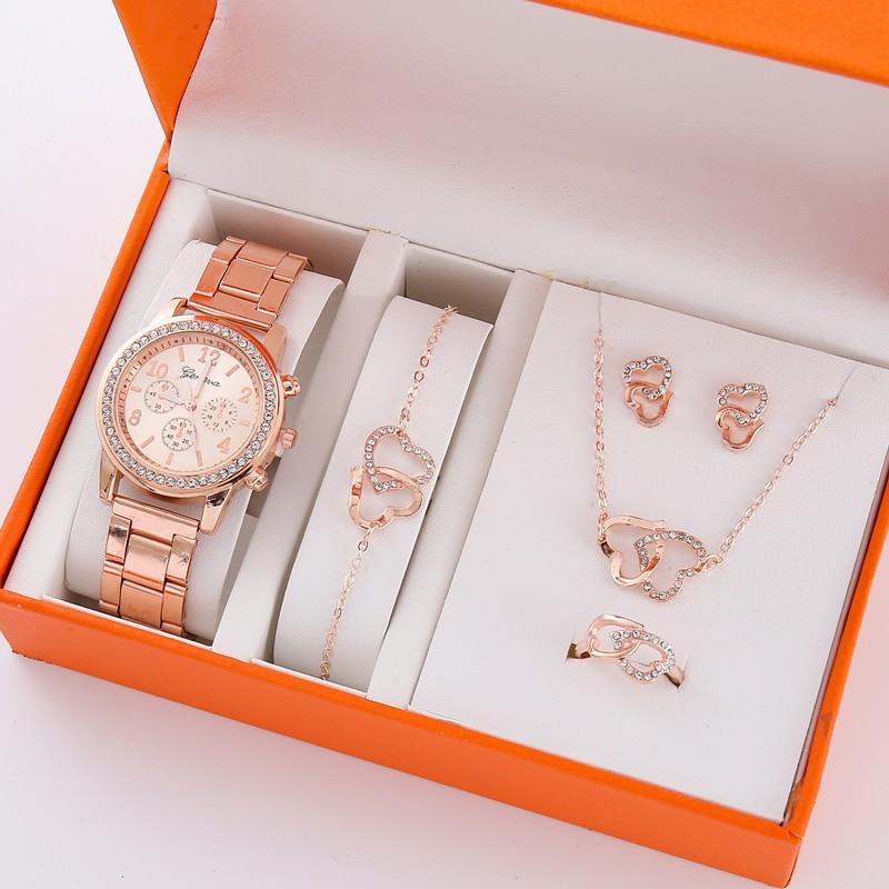 Three-eye Watch with Diamond Alloy Steel Belt Watch Women's Geneva Quartz Watch Set