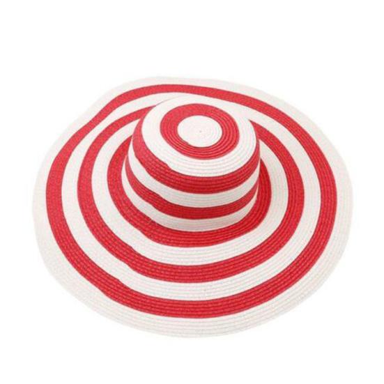 Women Fashion Stripe Wide Brim Floppy Straw Hat Foldable Summer Beach Sun Cap