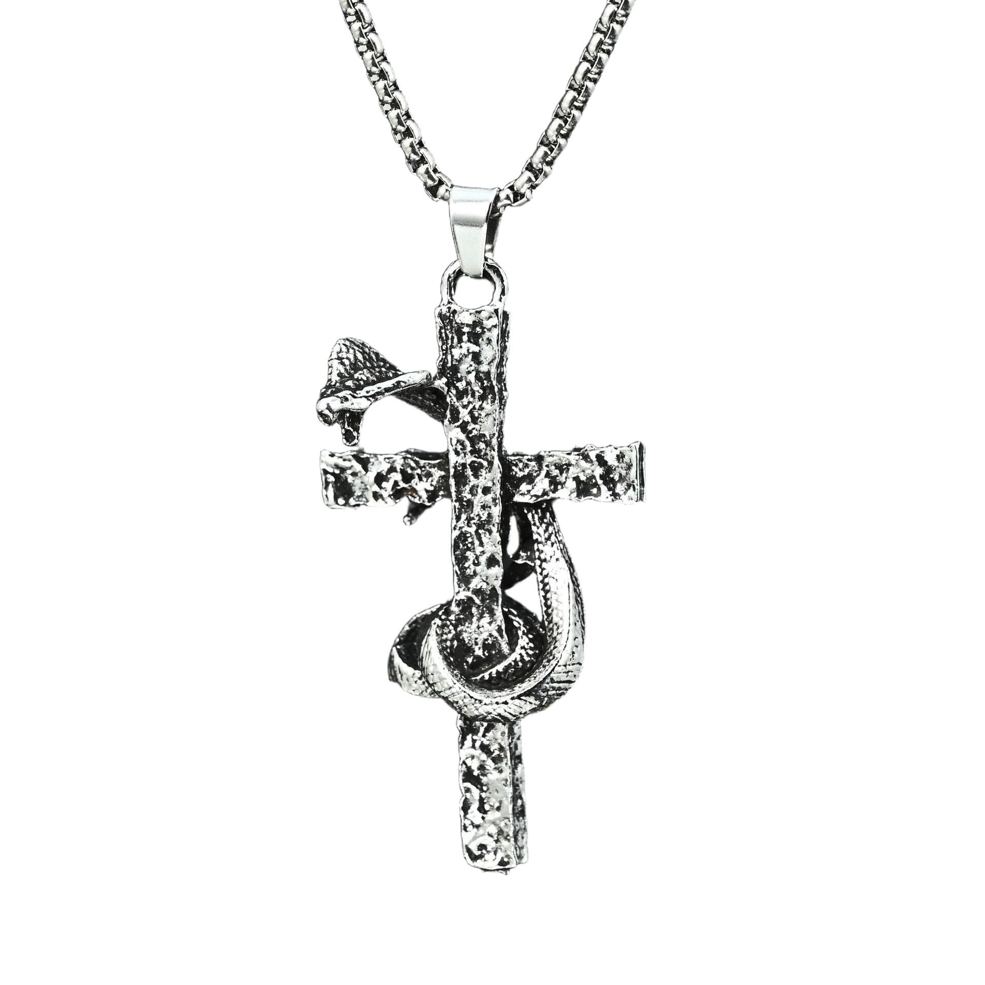 Retro Punk Coil Snake Cross Necklace: Unisex Hip Hop Pendant in European & American Streetwear Style Coil Snake Cross - Stainless Steel Chain 50cm