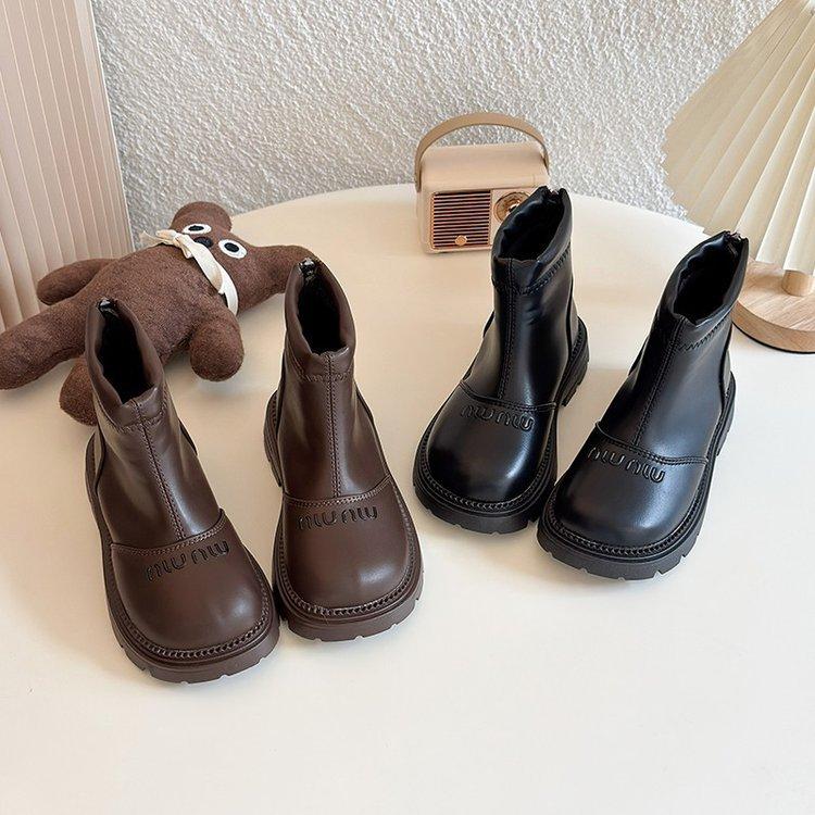 Girls' short boots 2025 autumn and winter new children's velvet warm short black leather boots women's treasure fashion Martin boots