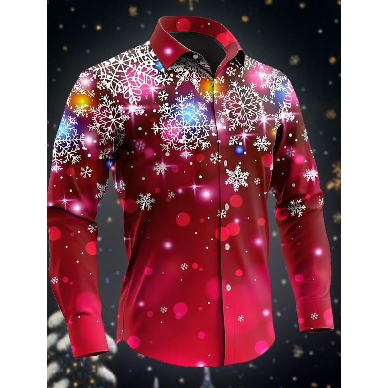 Men's 3D Printed Formal Shirts Christmas Theme Snowflakes Graphic Turn-DownLong Sleeve Shirt Fashion Men's Shirts