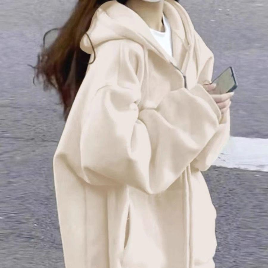 Damen Lammwolle Kapuzenpullover - Super Warm Koreanischer Stil, Locker geschnitten, Plus Samt, Frühling/Herbst Strickjacke