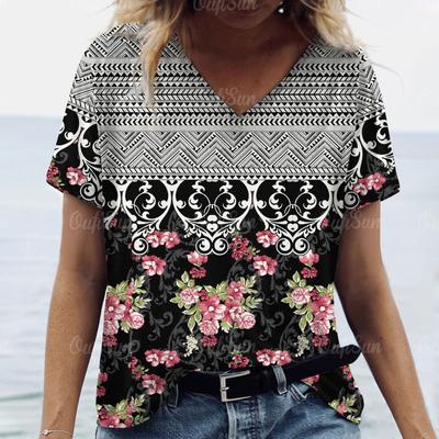 Dámské vintage tričko Etnický květinový potisk Oversized halenka Dámské trendy oblečení Módní tričko s krátkým rukávem Dámské V-výstřih Pes