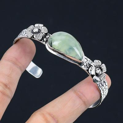 Moss Prehnite Stone 925 Sterling Silver Engagement Flower Ethnic Bangle Jewelry