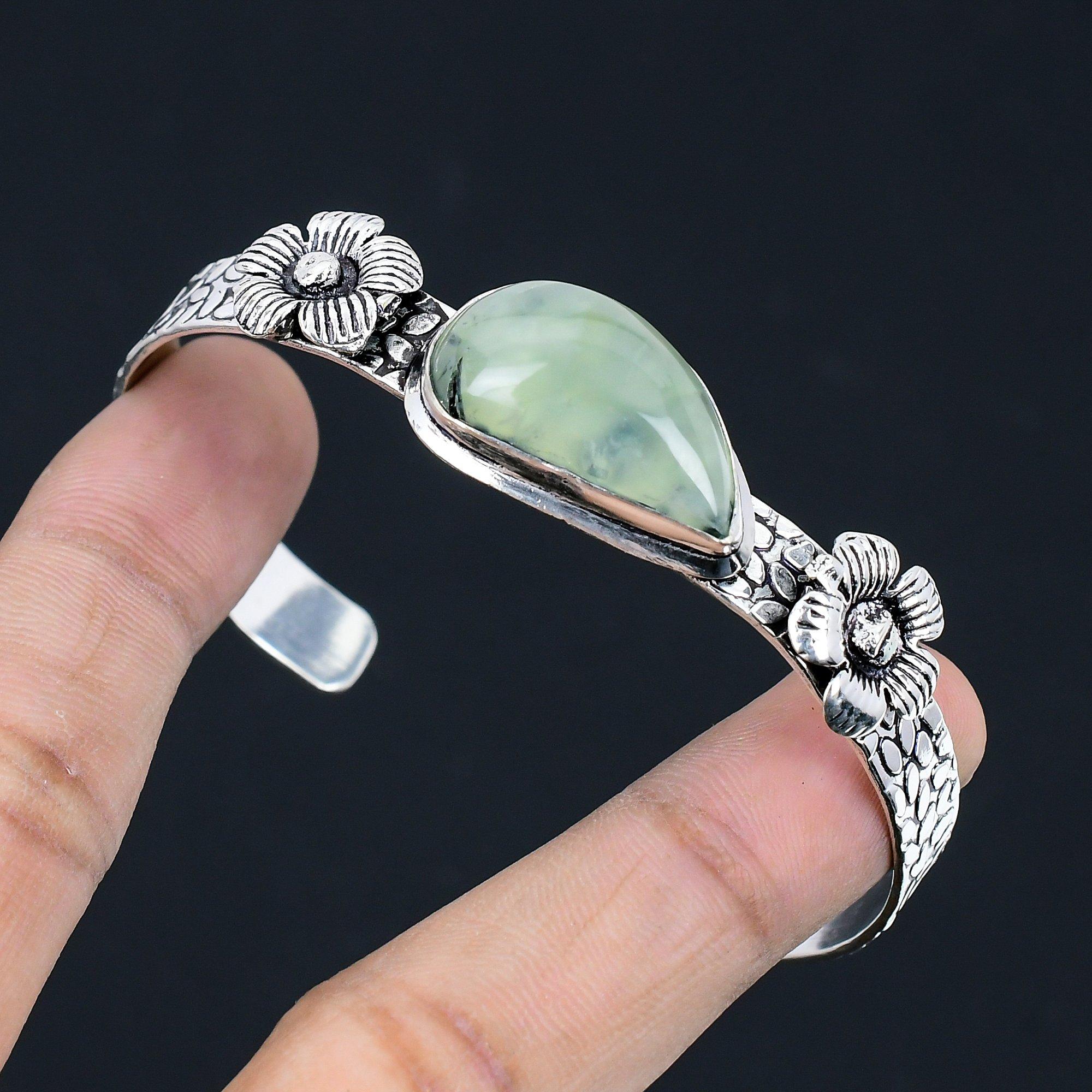 

Moss Prehnite Stone 925 Sterling Silver Engagement Flower Ethnic Bangle Jewelry Adjustable