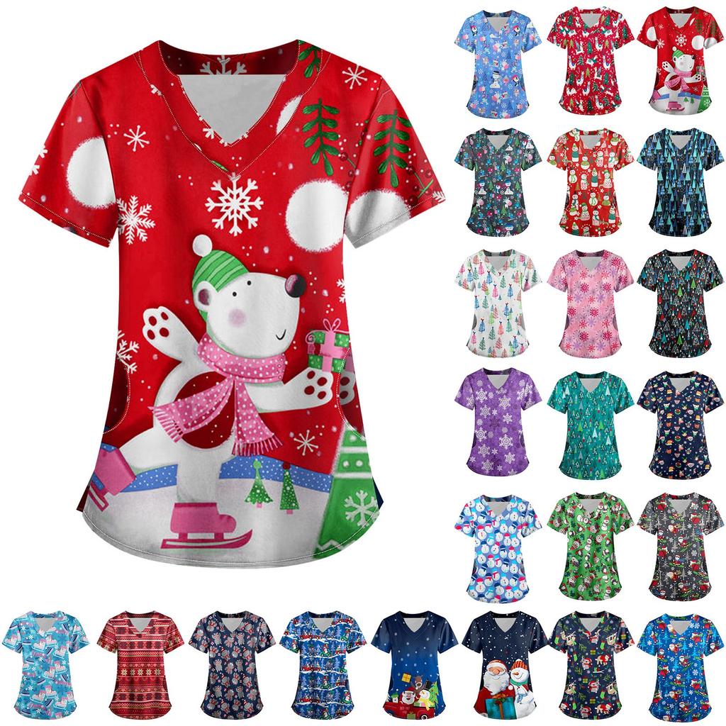 Women Short Sleeve V Neck Christmas Cartoon Pattern Tops Pocket Working T-shirts Non-positioning Print