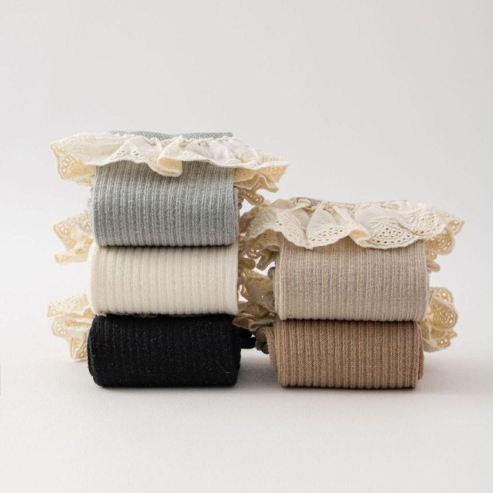 5Pairs Lace Trim Infant Cotton Stockings Ruffled Edge Cartoon Above Knee Socks Kids