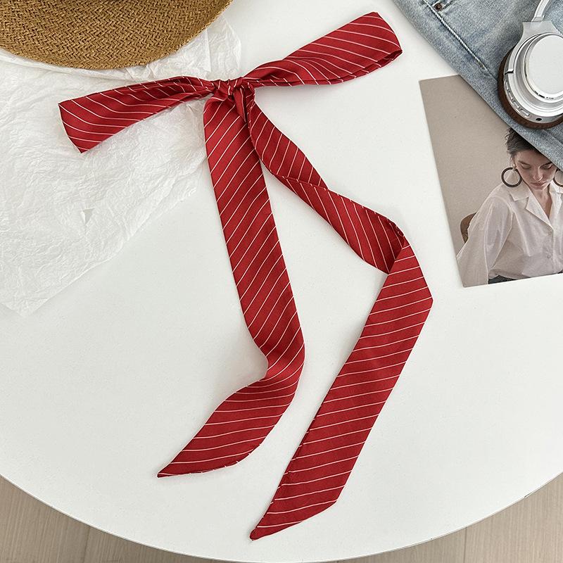 

Полосатый шелковый шарф, длинный универсальный красный тонкий и узкий шарф, бант, плетеная повязка для волос, завязанная на сумке, лента, шелковый шарф на талию.