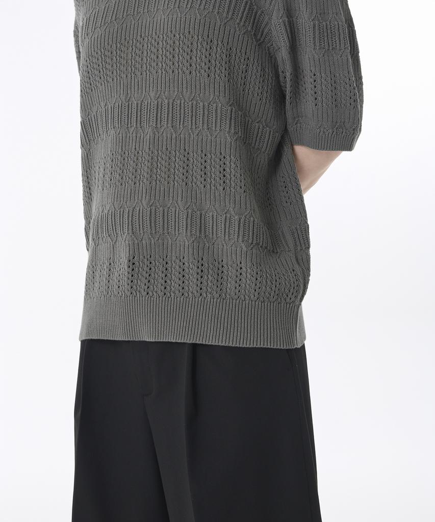 Musinsa Standard Multi-Crochet Slit Neck Knitted Polo Shirt [Khaki Grey]